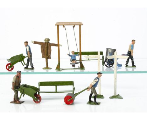 Britains lead items comprising Boy on swing,  gardener pulling roller, gardener with wheelbarrow (2) and with waterbarrow, sc