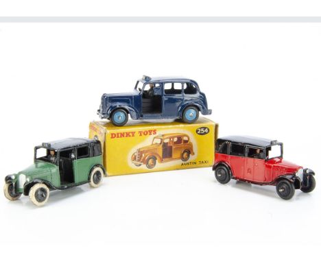 Dinky Toy Taxis, 254 Austin Taxi, dark blue body, mid-blue hubs, in original box, loose pre-war 36g Taxi with driver, green b