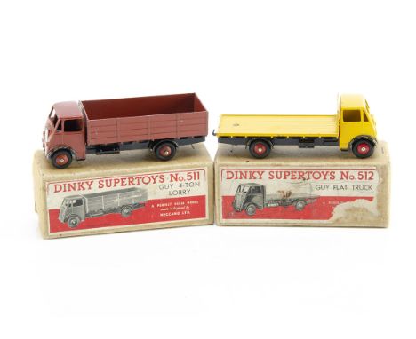 Dinky Supertoys 511 Guy 4-Ton Lorry, 1st type brown cab, back and ridged hubs, black wings and chassis, 512 Guy Flat Truck, 1