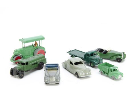 Post-War Dinky Toys, 38d Alvis Sports Tourer, green body, black seats, 38e Armstrong Siddeley Coupe, dark grey body, deep blu