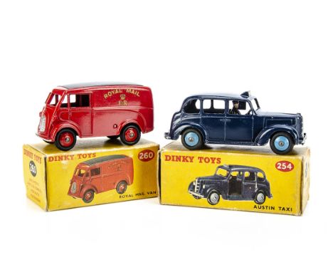 Dinky Toys 260 Morris J Royal Mail Van, red body and hubs, black roof, gold crest, 254 Austin Taxi, dark blue body, light blu