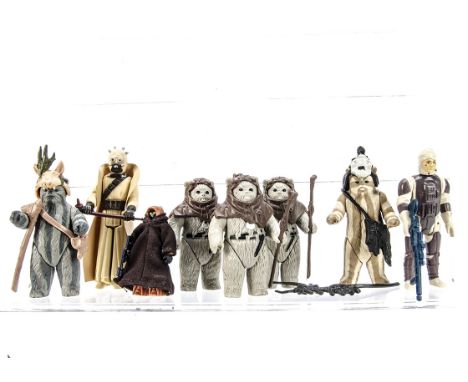 Vintage Star Wars Action Figures, Chief Chirpa (3), Logray, Teebo, Jawa, Tusken Raider, Dengar, all complete with original we