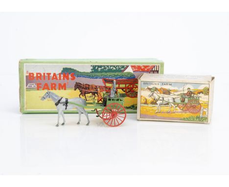 Britains boxed post WW2 horse drawn vehicles comprising 5F Farm Waggon, VG but missing back gate, 1 horse with hole to side, 