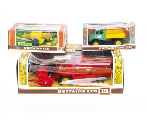 Britains No.9570 Massey Ferguson Combine Harvester, No.9569 Unimog Tractor Lorry, No.9563 Hay Baler, in original boxes, E, bo