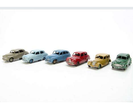 Dinky Toys 40 Series Cars, 40j Austin Somerset (2), first pale blue body, mid-blue hubs, second red body and hubs, 40g Morris