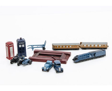 Dinky Toys, 16 Streamlined Train Set, 107a Sack Truck, 43b RAC Motorcycle Patrol, 37b Police Motorcyclist, 35a Saloon Car, 35