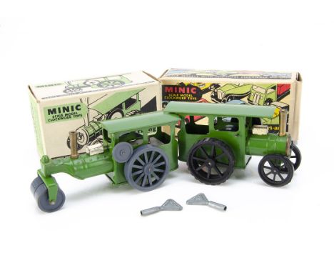 A Tri-ang Minic 44M Tinplate Clockwork Traction Engine, green body, flat disk type flywheel, 33M Steam Roller, green body, gr