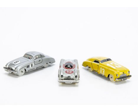 1960s Marchesini Tinplate Penny Toy Racing Cars, BO-411 Ferrari 340 America, BO-412 Auto Union Record Car, BO-413 Mercedes-Be