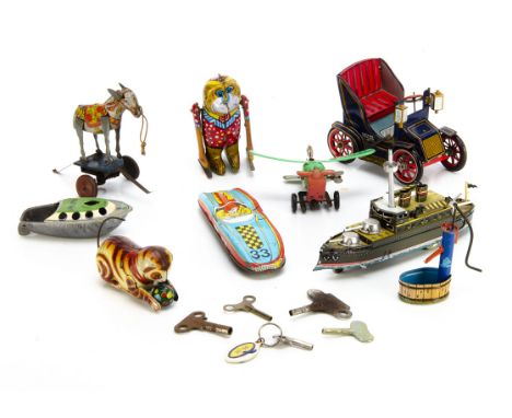 Collection of nine vintage and modern small tinplate toys, TM Modern Toys Veteran car with pull back drive, tested well (lack