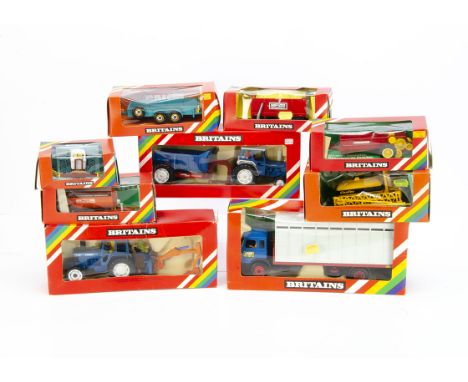 1980s Britains Farm Vehicles, No.9630 Ford Tractor &amp; Rear Dump, No.9598 Ford Tractor &amp; Rear Digger, No.9533 Low Loade