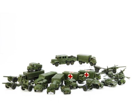 Playworn Military Dinky Toys, including 626 Military Ambulance (2), 677 Armoured Command Vehicle (2), 693 7.2 Howitzer (4), 6