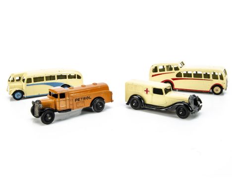 Dinky Toy Commercials, 29f/280 Observation Coach, cream body and hubs, red flashes, 29e Single Deck Bus, cream body, mid-blue