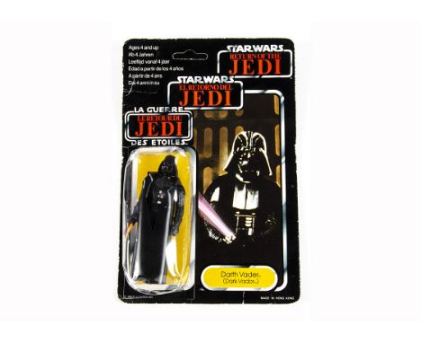 Vintage Star Wars Palitoy ROTJ Tri-Logo Darth Vader Action Figure, on unpunched 70B back card, figure E, bubble P, heavily de