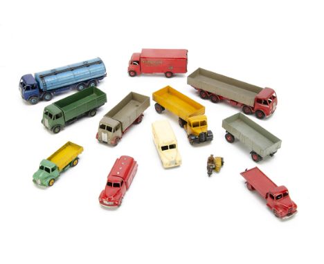 Playworn Dinky Toy Commercials, including 504 Foden 14 Ton Tanker, 501 Foden Diesel 8-Wheel Wagon, 514 Guy Slumberland Van, 5