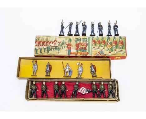 Crescent Toys boxed set 1520 Medieval comprising foot knights (5) in original box with Charbens marching GIs (7) with flagbea