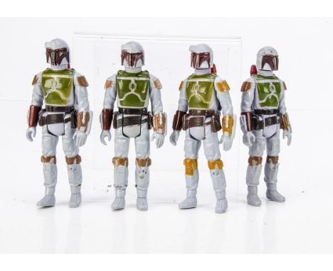 Vintage Star Wars Tri-Logo Boba Fett Action Figures, four examples, three with unpainted knee, unpainted dart, darker belt, o