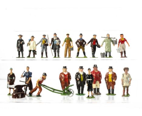 Britains lead farm figures comprising post WW2 shepherd with sheep, dairyman with yoke and pails, dairyman without yoke and p