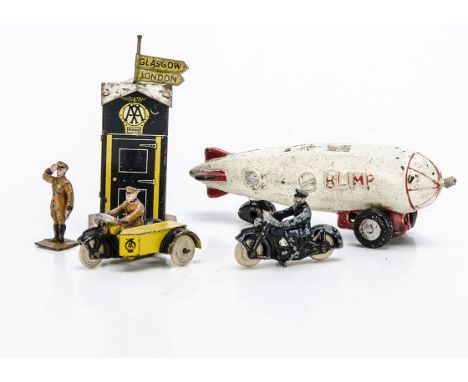 Pre-War Dinky Toys, 44a AA Box, 44b AA Motorcycle Patrol, 44d AA Guide saluting, 37b Police Motorcyclist and a Hubley cast ir