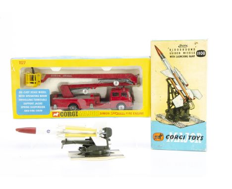 Corgi Major Toys, 1127 Simon Snorkel Fire Engine, later issue with cast detailed hubs, in original window box, E, box G, 1108