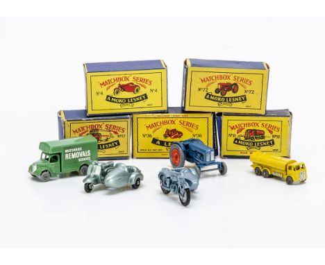 Matchbox Lesney 1-75 Series Vehicles, 4c Triumph Motorcycle &amp; Sidecar, 11a ERF Road Tanker, MW, 17a Bedford Removals Van,