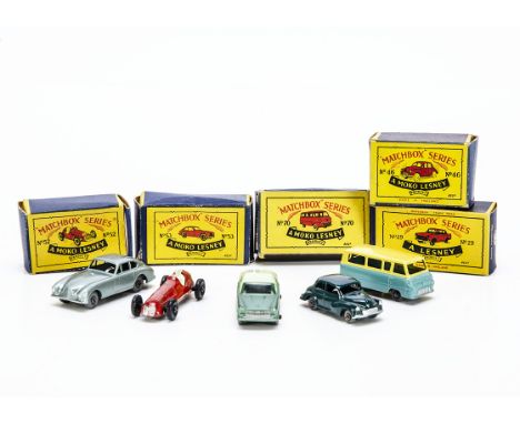 Matchbox Lesney 1-75 Series Cars, 29b Austin A55 Cambridge, SPW, 52a 1948 Maserati, 53a Aston Martin DB2, MW, 46a Morris Mino