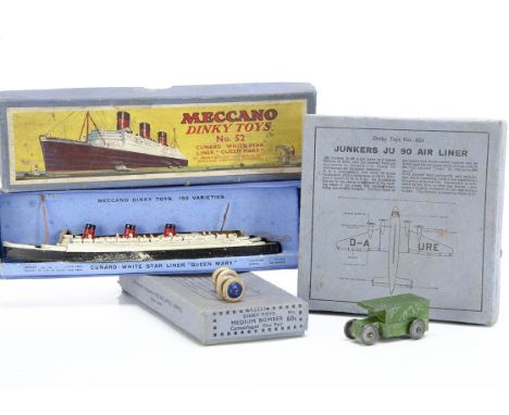 Pre-War Dinky Toys, 62n Junkers JU 90 Air Liner, 60s Medium Bomber Pair, containing one example, 52 Cunard White Star Liner "