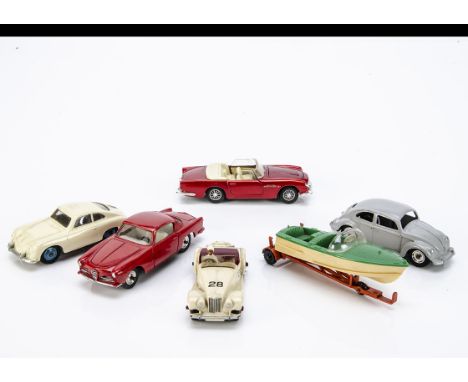 Dinky Toys 182 Porsche 356A, cream body, mid-blue ridged hubs, 181 Volkswagen, grey body, spun hubs, 108 MG Midget Sports Car