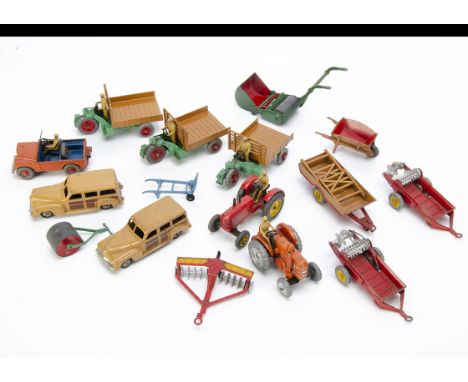 Dinky Toy Farm &amp; Garden Models, 301 Field Marshall Tractor, 27a Massey-Harris Tractor, 27g Moto-Cart (3), 27d Land Rover,