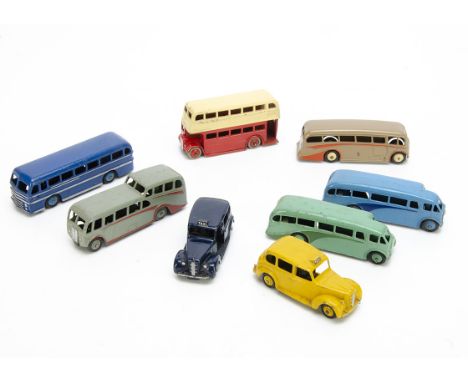 Dinky Toy Public Transport Vehicles, 29f Observation Coach, grey body and hubs, red flash, 29g Luxury Coach, fawn body, orang