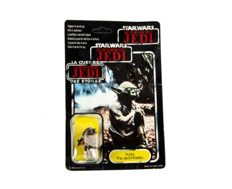 Vintage Star Wars Palitoy ROTJ Tri-Logo Yoda Action Figure, on unpunched 70B back card, figure E, bubble F, dented/crushed, c