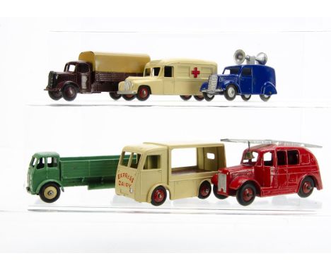 Dinky Toy Small Commercial Vehicles, 30v Electric Dairy Van, cream body, 'Express Dairy', 420 Forward Control Lorry, green bo