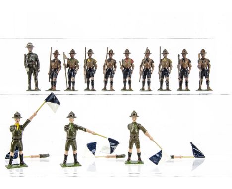 Britains Boy Scouts comprising pre WW2 versions Scouts with poles (9) and Scoutmaster, stick handle missing, post WW2 signall