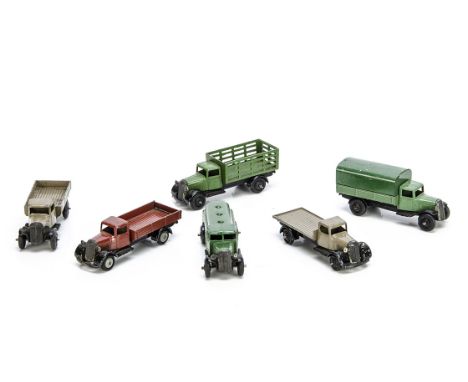 Dinky Toy 25 Series Commercial Vehicles, 25a Wagon, 25b Covered Wagon, 25c Flat Truck, 25d Petrol Tank Wagon, 25e Tipping Wag