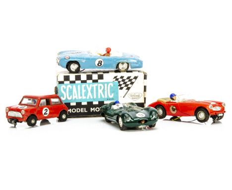 Vintage Scalextric Cars, C.76 Mini Cooper, in original box, C.91 Jaguar D Type, C.74 Austin Healey 3000, circa 75 Mercedes 19