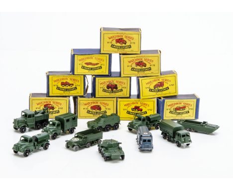 Matchbox Lesney 1-75 Series Military Vehicles, 71 Austin Water Tanker (2), 55 DUKW, MW, 54 Saracen Personnel Carrier, 64 Scam