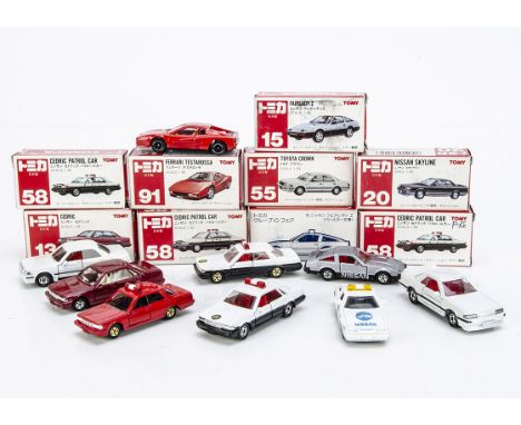 Tomica Common Series, 15 Fairlady Z, 58 Cedric Patrol Car (2), 91 Ferrari Testarossa, 55 Toyota Crown, 20 Nissan Skyline, 13 