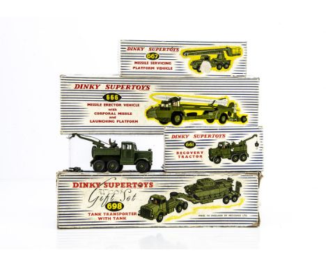 Military Dinky Supertoys, 667 Missile Servicing Platform Vehicle, 698 Tank Transporter With Tank, 661 Recovery Tractor, 666 M