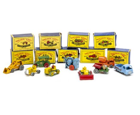 Matchbox Lesney 1-75 Series Construction Vehicles, 24a Hydraulic Excavator, 26a ERF Cement Mixer, 18a Caterpillar Bulldozer, 
