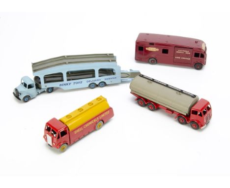 Dinky Supertoys, 504 Foden 14 Ton Tanker, 2nd type red cab, chassis and hubs, fawn tank, 582 Pullmore Car Transporter, 581 'B