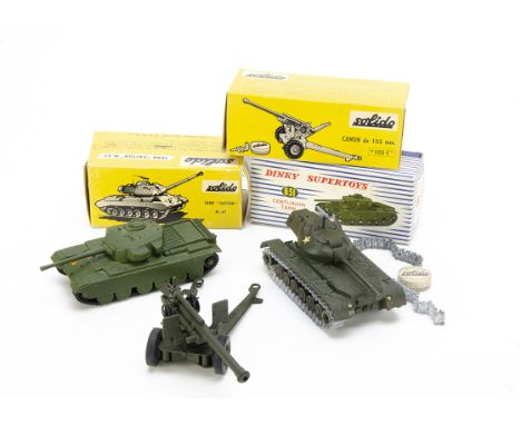 Military Diecast, Dinky Toys 651 Centurion Tank, Solido 105mm Canon with boxed shells, M-47 "Patton" Tank, in original boxes,