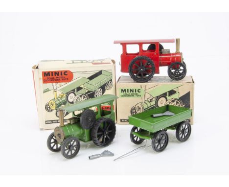 A Tri-ang Minic 54M Tinplate Clockwork Traction Engine &amp; Trailer, red engine, green trailer, 44M Traction Engine, green b