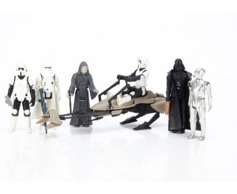 Vintage Star Wars Empire Action Figures, Biker Scout, Emperor, Darth Vader, Death Star Droid, Hoth Stormtrooper, all complete