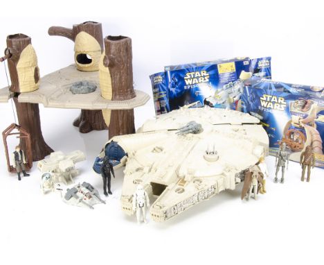 Vintage &amp; Modern Star Wars Toys, Ewok Village, Millennium Falcon, diecast Snowspeeder, eight loose action figures, Vehicl