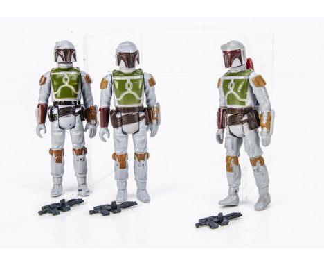 Vintage Star Wars Tri-Logo Boba Fett Action Figures, three examples, two with painted knee, unpainted dart, brown belt, one w