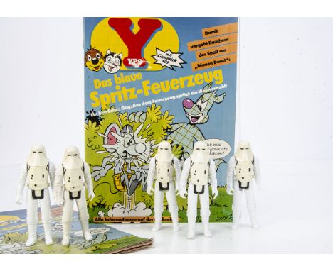 Vintage Star Wars PBP Hoth Stormtrooper Action Figures, five examples, no weapons or skirts, with two issues of #509 YPS Germ