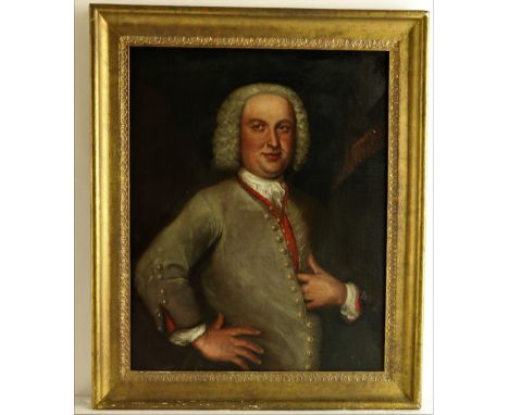 18th Century Irish School"Portrait of a Gentleman with grey wig, red waistcoat and grey buttoned overcoat," O.O.C., approx. 8