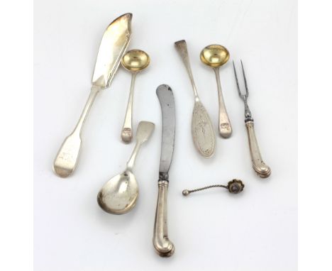 Silverware: An attractive small Georgian Knife and Fork, with pistol handles; a silver Butter Knife; a Victorian English silv