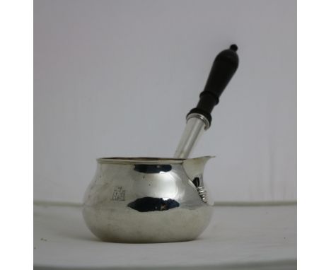 A large quality Irish silver 19th Century Brandy Warmer, with wooden handle, by Richard Sawyer, Dublin c. 1828, with engraved