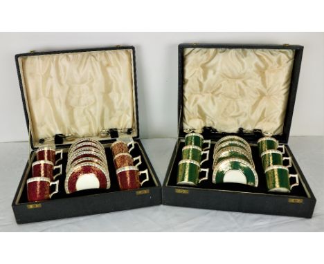 A Staffordshire Coffee Set, "Old Foley" comprising 6 cups, 6 saucers and spoons in red ground; together with another set in g