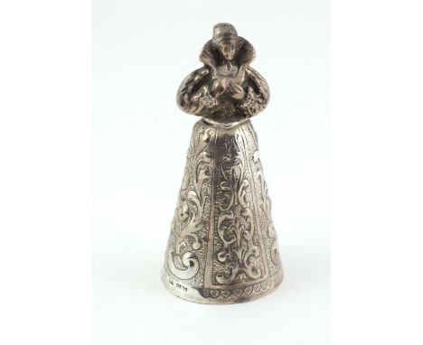 An unusual embossed Dutch silver Hand Bell, in the shape of a Shakespearean Lady, with English import marks, approx. 5 1/2" h